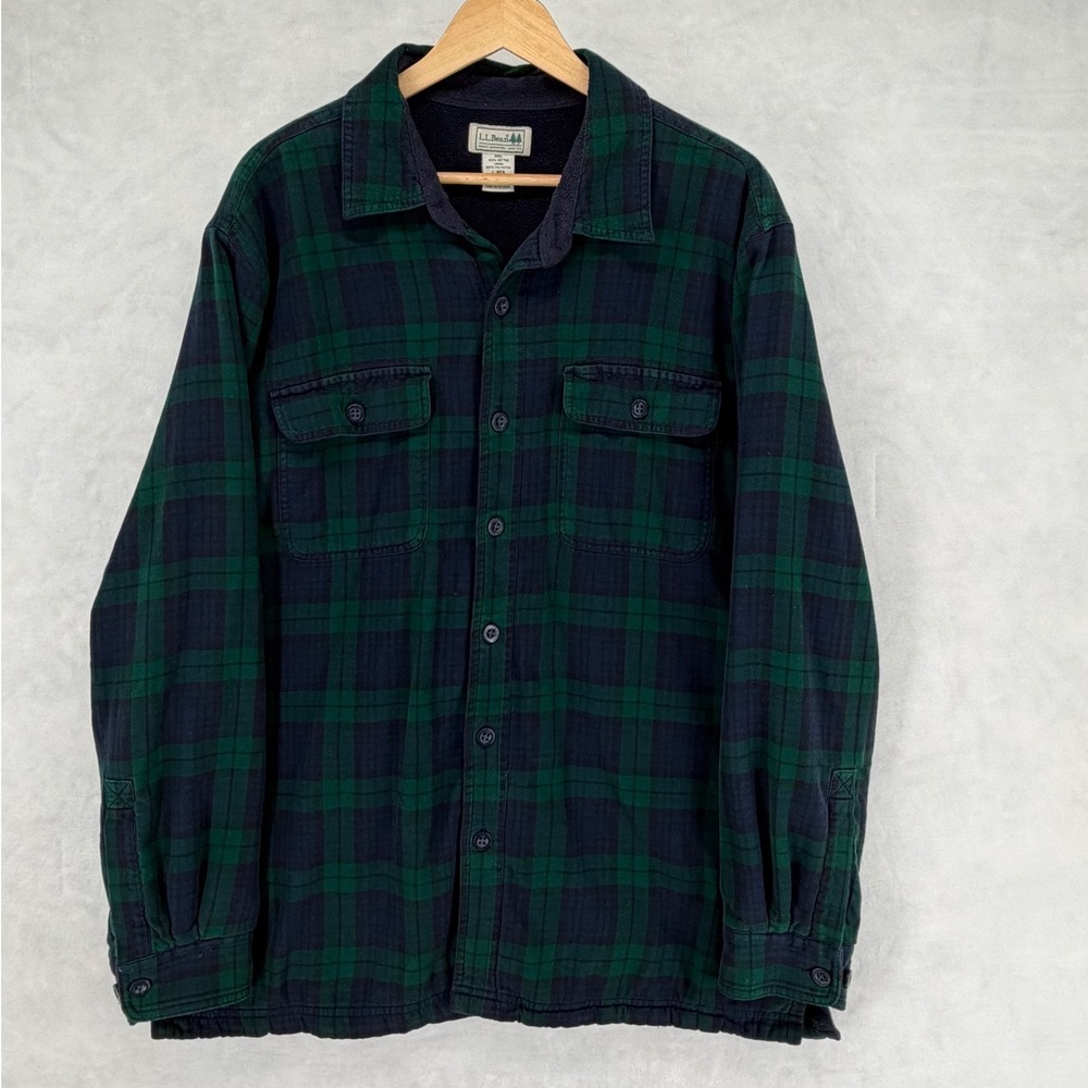 LL Bean Mens Fleece Lined Flannel Shirt Jacket Black Watch Plaid Green Large L - Picture 1 of 7